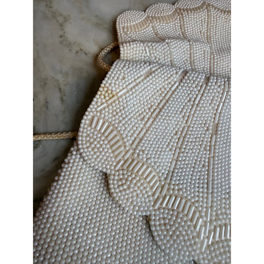 Vintage Beaded Evening Shoulder Bag White Clamshell Flap - Picture 4 of 7
